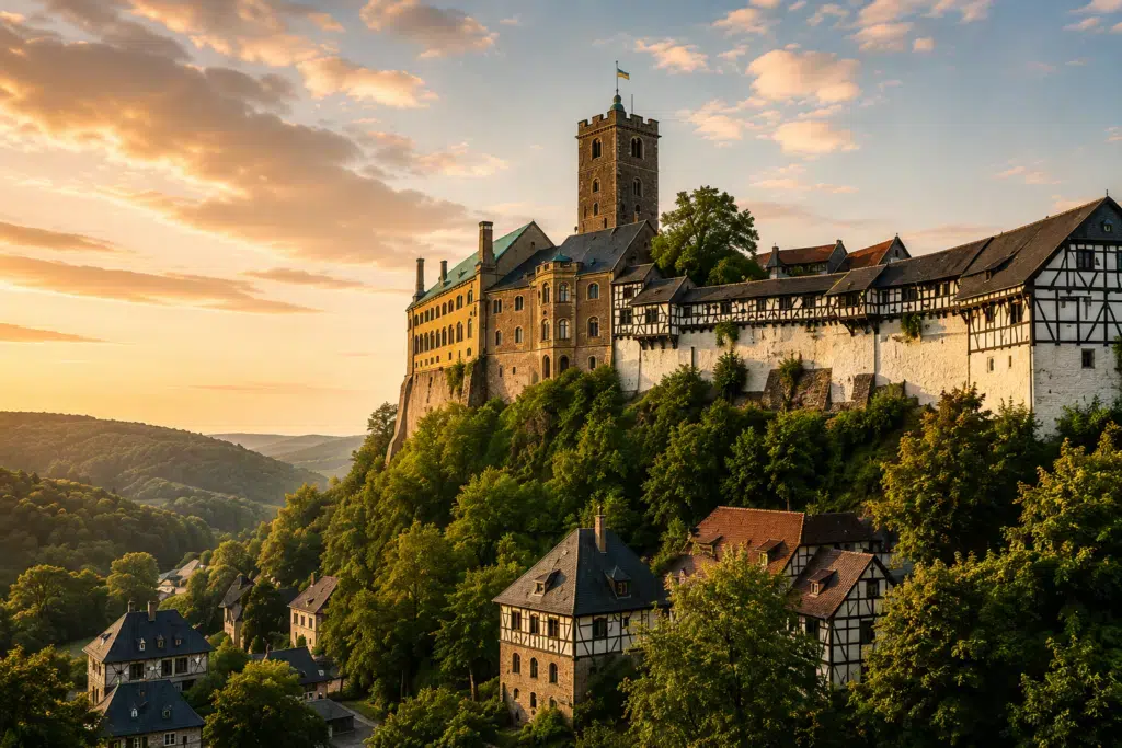 Historische Burganlage auf einem bewaldeten Höhenzug in Thüringen bei Sonnenuntergang mit Fachwerkhäusern und weiter Mittelgebirgslandschaft, Immobilienmakler in Thüringen,