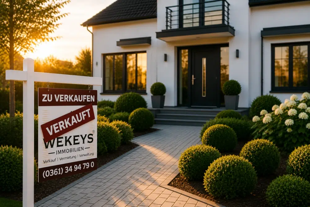 Modernes Einfamilienhaus mit gepflegtem Vorgarten. Im Vordergrund steht ein Maklerschild mit der Aufschrift „Zu verkaufen“ und „Verkauft“, das einen erfolgreichen Immobilienverkauf symbolisiert.