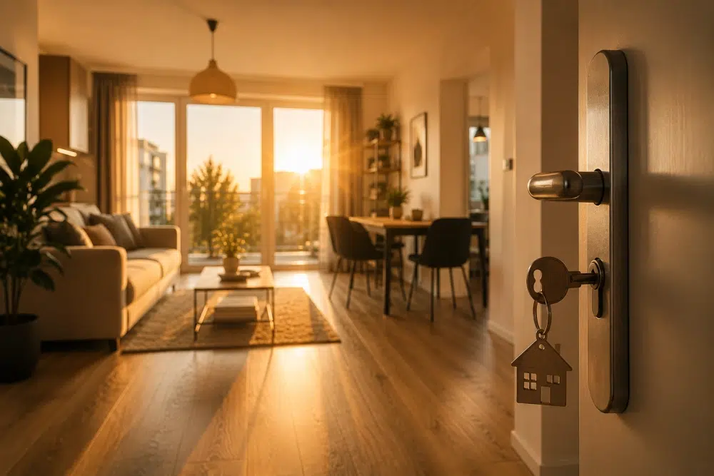 Moderner, heller Wohnraum mit großen Fensterfronten bei Sonnenuntergang. Im Vordergrund befindet sich eine Wohnungstür mit eingestecktem Schlüssel und Hausanhänger, der die Vermietung oder den Einzug symbolisiert, Wohnung vermieten