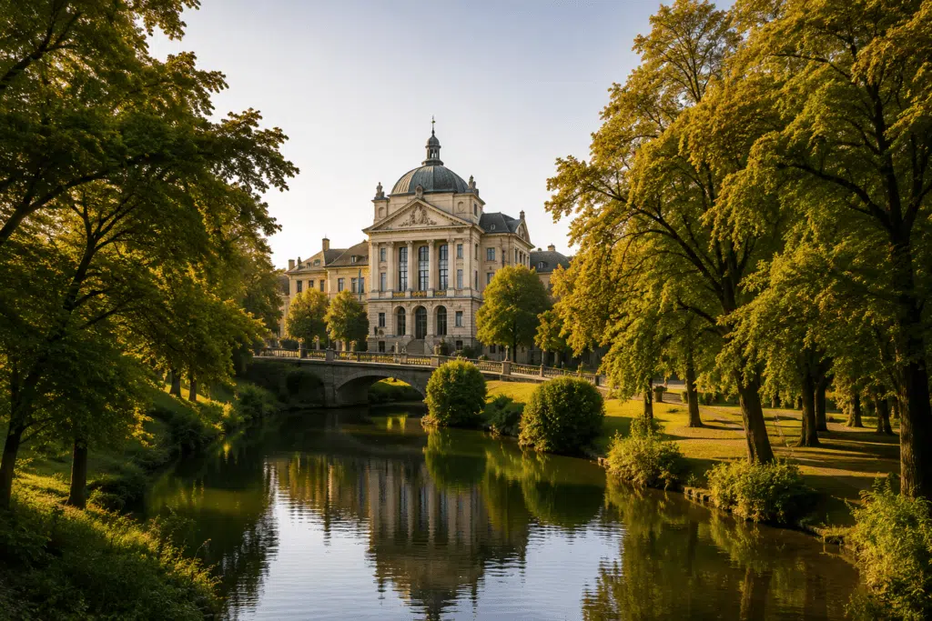 Historisches Schloss in Weimar mit klassizistischer Architektur, Parkanlage, Brücke und Spiegelung im ruhigen Wasserlauf, Immobilienmakler in Weimar