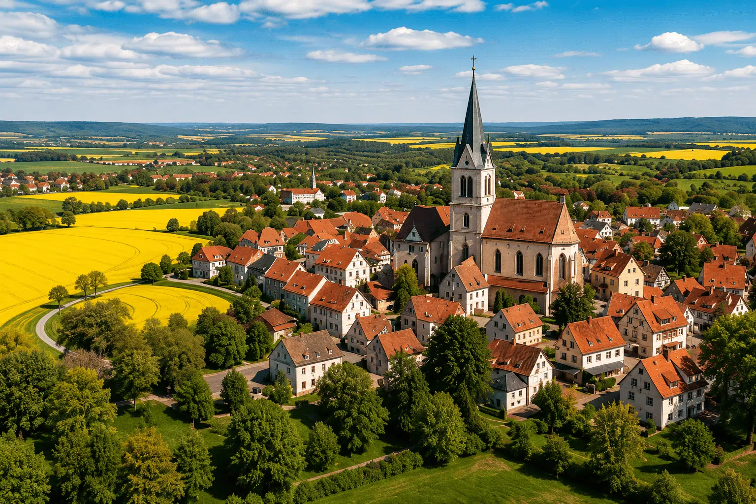 Luftaufnahme einer Gemeinde im Weimarer Land mit markanter Kirche, roten Ziegeldächern und weitläufigen Feldern inmitten der Thüringer Kulturlandschaft, Immobilienmakler im Weimarer Land