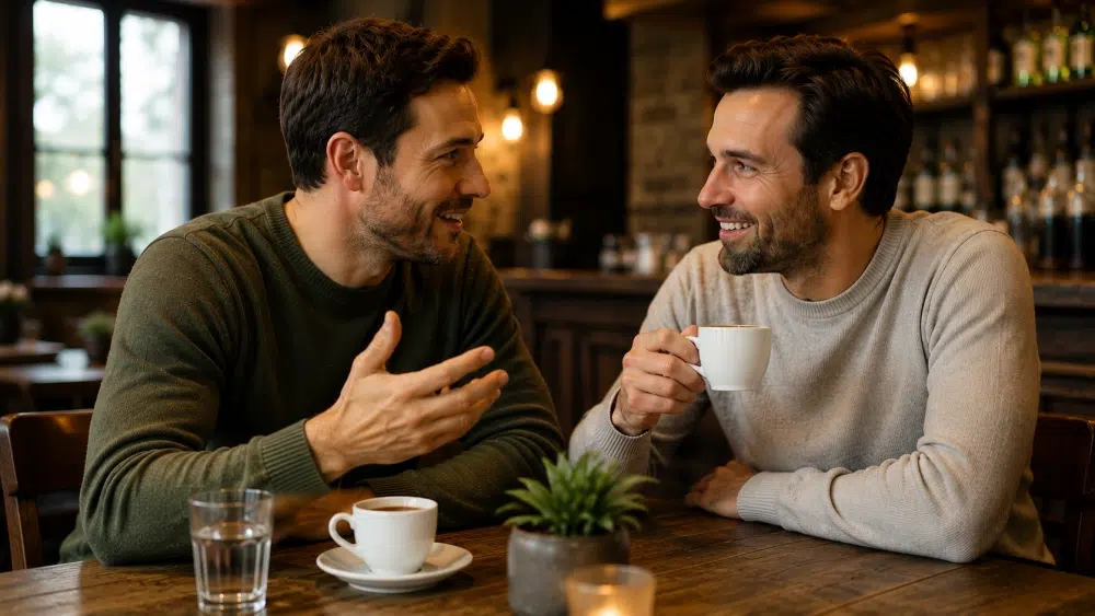 Tippgeber I Profitieren Sie von unserem Tippgeber-Programm 1 Zwei Personen sitzen in einem Café bei einer Tasse Kaffee und führen ein angeregtes Gespräch. Die Szene symbolisiert den Austausch eines wertvollen Immobilientipps oder eine persönliche Empfehlung.