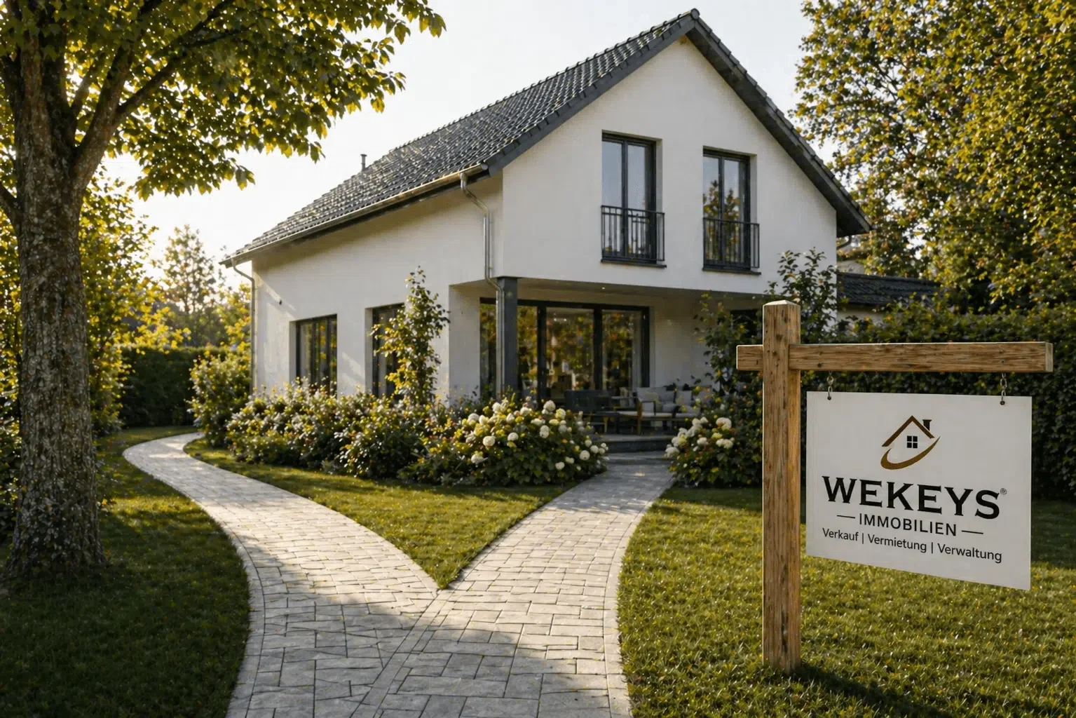 Einfamilienhaus mit gepflegtem Garten und WEKEYS-Immobilienschild vor dem Grundstück – Symbol für den strukturierten Hausverkauf in besonderen Lebenssituationen, Haus verkaufen Scheidung Sachsen, Haus verkaufen Scheidung Sachsen-Anhalt, Haus verkaufen Scheidung Thüringen,