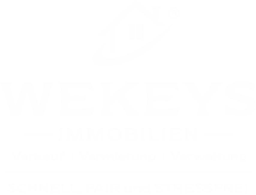 Logo von WEKEYS Immobilien mit Haus-Symbol und dem Slogan „Schnell, fair und stressfrei“.