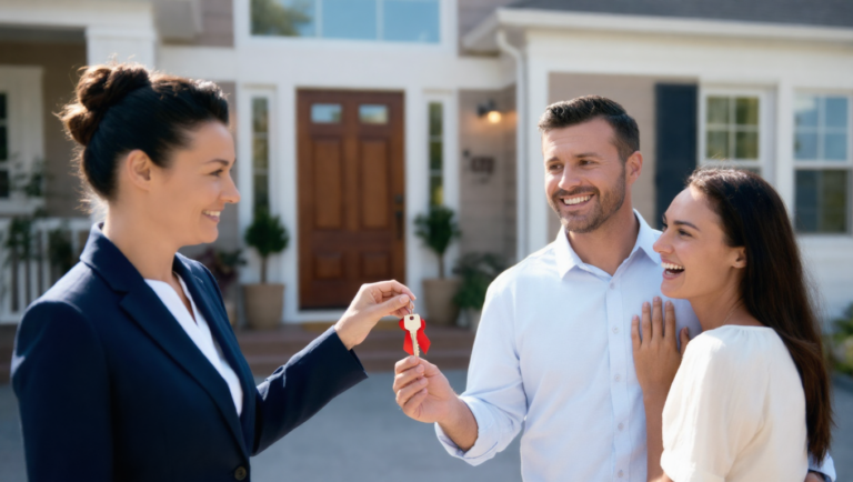 Vermieten Immobilienmaklerin von Wekeys übergibt Hausschlüssel an glückliches Paar vor Einfamilienhaus. Immobilienmakler in Sachsen-Anhalt