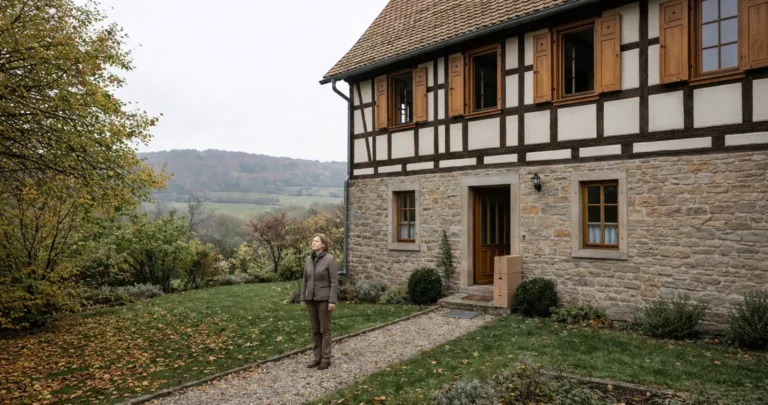 Vor einem charmanten Fachwerkhaus mit Natursteinfassade steht eine Eigentümerin nachdenklich im Garten. Die ländliche Umgebung und die herbstliche Stimmung verleihen der Szene Ruhe und Tiefe. Umzugskartons vor der Haustür deuten auf einen bevorstehenden Abschied hin.

Das Bild steht für emotionale Immobilienentscheidungen – für Erinnerungen, Geschichte und persönliche Werte. Wekeys begleitet Eigentümer in solchen Momenten mit Feingefühl, Diskretion und einer klaren Strategie, um Tradition und Zukunft verantwortungsvoll zu verbinden. - ✅ WEKEYS IMMOBILIEN – Menschlich. Engagiert. Erfolgreich.