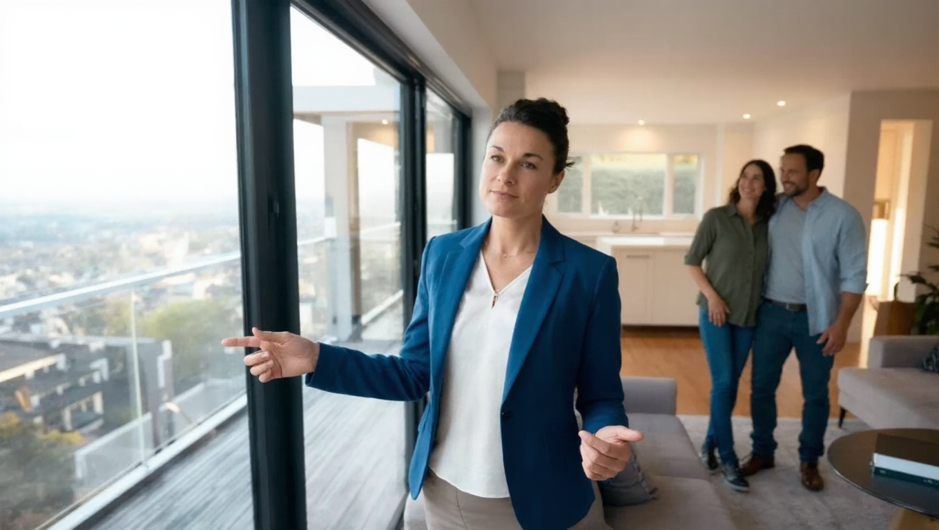 Immobilienmaklerin von WEKEYS berät Paar bei Wohnungsbesichtigung mit großem Fenster und Stadtblick.