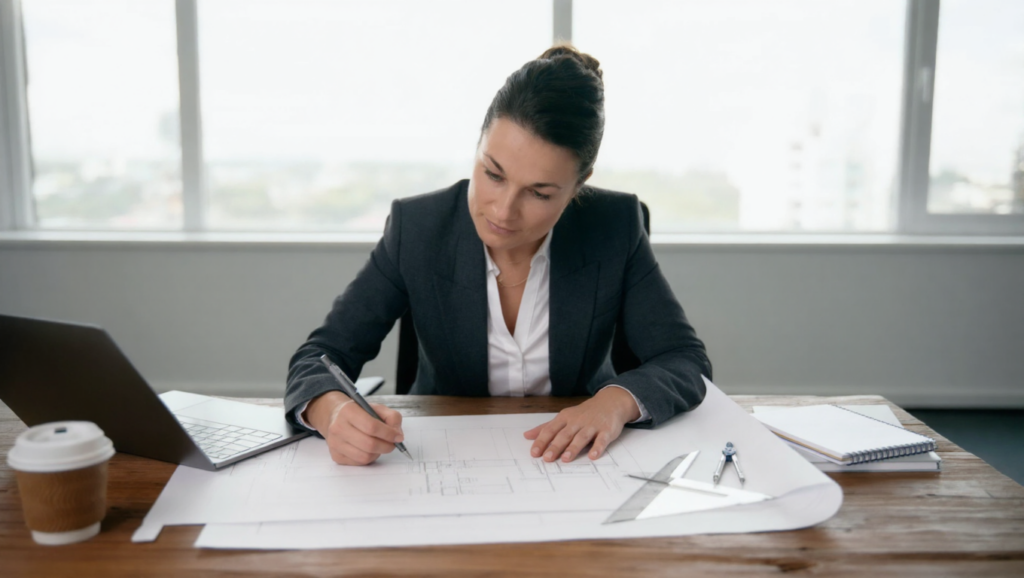 Immobilienmaklerin von WEKEYS analysiert Grundriss und plant strukturierte Immobilienvermarktung am Schreibtisch. Makler in Thüringen