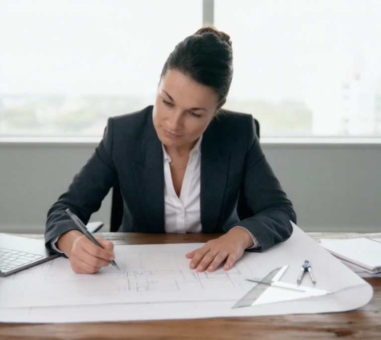Immobilienmaklerin von WEKEYS analysiert Grundriss und plant strukturierte Immobilienvermarktung am Schreibtisch. Makler in Thüringen