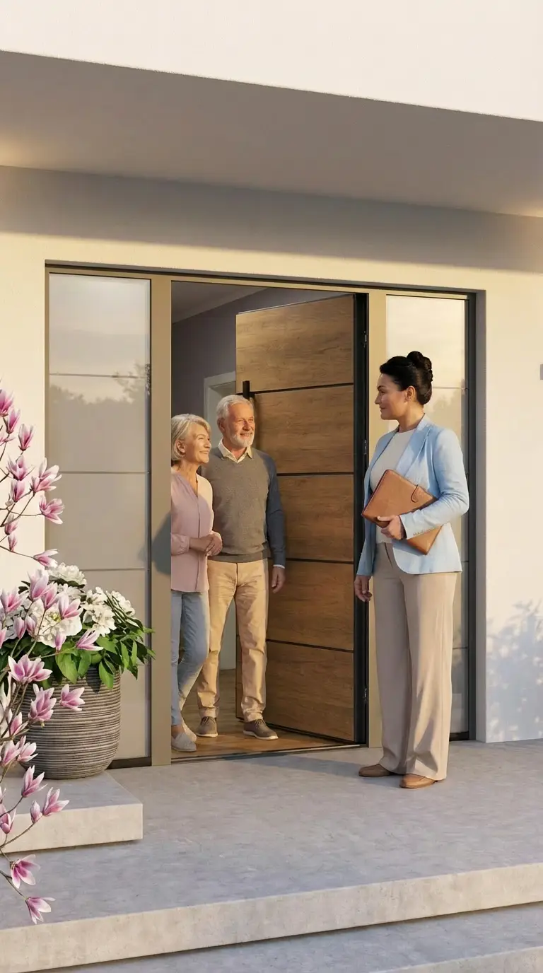 Immobilienmaklerin berät älteres Ehepaar an der Haustür eines modernen Hauses – Symbolbild für Immobilienverkauf oder Beratung vor Ort.