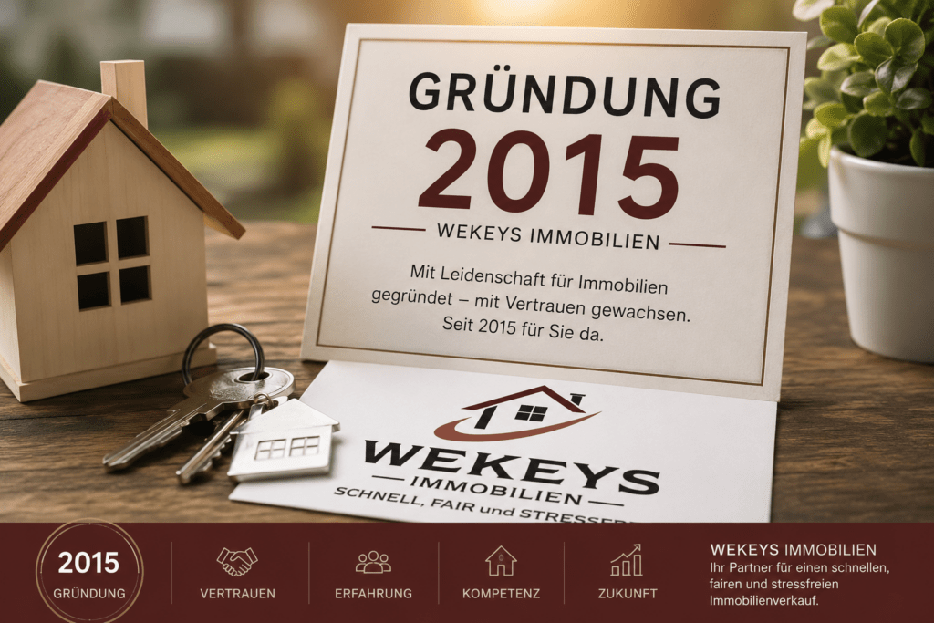Das Bild visualisiert die Gründung von WEKEYS Immobilien im Jahr 2015. Im Mittelpunkt steht ein hochwertig gestaltetes Schild mit der Aufschrift „Gründung 2015“, ergänzt durch die Botschaft: „Mit Leidenschaft für Immobilien gegründet – mit Vertrauen gewachsen. Seit 2015 für Sie da.“ Daneben befinden sich ein Hausmodell und ein Schlüsselbund als klassische Symbole für Immobilien, Eigentum und erfolgreiche Vermittlungen.

Im unteren Bereich werden die zentralen Unternehmenswerte hervorgehoben: Vertrauen, Erfahrung, Kompetenz und Zukunft. Die warme Lichtstimmung sowie die professionelle Gestaltung vermitteln Beständigkeit, Seriosität und langjährige Marktpräsenz. Das Motiv eignet sich besonders für die Darstellung der Unternehmensgeschichte, der Firmenphilosophie und der langjährigen Erfahrung im Immobilienbereich.

Das Bild kann auf Webseiten, in Broschüren, Unternehmenspräsentationen, Social-Media-Beiträgen oder auf einer „Über uns“-Seite eingesetzt werden, um die Entwicklung des Unternehmens und seine Verwurzelung im Immobilienmarkt zu kommunizieren. Die Kombination aus Immobilien-Symbolik und Gründungsjahr stärkt die Wahrnehmung von Verlässlichkeit und nachhaltigem Wachstum.

SEO-Schlagworte:
WEKEYS Immobilien, Unternehmensgründung, Gründung 2015, Immobilienunternehmen, Firmengeschichte, Immobilienmakler, Immobilienberatung, Immobilienverkauf, Vertrauen, Erfahrung, Kompetenz, Immobilienexperte, Immobilienservice, Hausverkauf, Immobilienvermittlung, Unternehmenswerte, Immobilienbranche, langjährige Erfahrung, Eigentum, Schlüsselübergabe. - ✅ WEKEYS IMMOBILIEN – Menschlich. Engagiert. Erfolgreich.