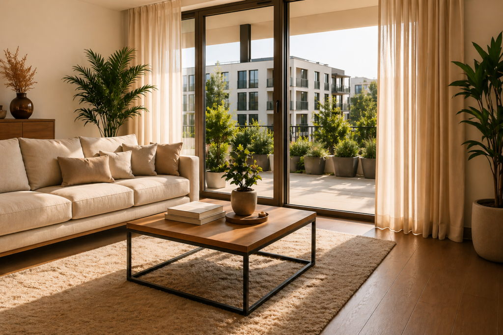 La imagen muestra la sala de estar de un piso moderno, decorada con mucho estilo, con grandes ventanales y acceso directo a una amplia terraza. Los colores claros, los materiales de alta calidad, la sensación de espacio abierto y el diseño armonioso crean un ambiente acogedor. Los ventanales que llegan hasta el suelo aportan mucha luz natural y conectan el interior con el exterior. Al fondo se divisan edificios residenciales modernos y zonas verdes bien cuidadas. La imagen es un ejemplo de la vida contemporánea en atractivos complejos residenciales y resulta ideal para ilustrar temas como el alquiler de viviendas, la venta de inmuebles, las inversiones inmobiliarias, la tasación de inmuebles y la vida moderna. Factores como la ubicación, el equipamiento, la calidad de vida, la eficiencia energética y el entorno residencial desempeñan un papel decisivo en el valor de mercado y la facilidad de alquiler de un inmueble. Para propietarios e inversores, los apartamentos bien cuidados en barrios residenciales modernos resultan especialmente interesantes, ya que pueden ofrecer una alta demanda, facilidad de alquiler a largo plazo y una evolución estable del valor. Al mismo tiempo, los inquilinos se benefician de un confort residencial contemporáneo, una buena infraestructura y un entorno residencial atractivo. El piso representado transmite calidad de vida, seguridad y valor duradero. Simboliza la importancia de una comercialización inmobiliaria profesional y de un asesoramiento fundamentado a la hora de tomar decisiones de alquiler, venta o inversión. Palabras clave SEO:piso, piso en propiedad, piso moderno, inmueble residencial, venta de inmuebles, alquiler de pisos, alquilar un piso, comprar un piso, inversión inmobiliaria, tasación inmobiliaria, agente inmobiliario, mercado inmobiliario, piso de alquiler, asesoramiento inmobiliario, complejo residencial moderno, equipamiento de alta calidad, comodidad residencial, piso con balcón, apartamento con terraza, inversión inmobiliaria, servicios inmobiliarios, valoración del precio de alquiler, valor de mercado del apartamento, vivienda, inmuebles en Sajonia-Anhalt, inmuebles en Turingia, inmuebles en Sajonia, WEKEYS Inmobiliaria, administración de inmuebles, valoración de viviendas. - ✅ WEKEYS INMOBILIARIA – Humana. Comprometida. Exitoso.