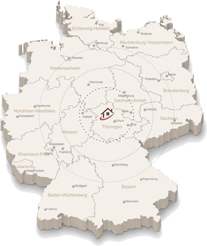 The graphic shows a three-dimensional map of Germany with the federal states and major cities highlighted. At the centre of the illustration is the WEKEYS logo in Thuringia, surrounded by several concentric circles that illustrate the company’s geographical reach and central location.Numerous cities and regions are marked on the map, including Erfurt, Jena, Halle, Leipzig, Dresden, Magdeburg, Kassel, Frankfurt am Main, Nuremberg, Berlin, Hamburg and other major economic and metropolitan areas. This positioning makes it clear that WEKEYS operates from a strategically advantageous location in central Germany, thereby ensuring optimal accessibility for owners, buyers, investors and tenants. The central location offers advantages for property valuations, viewings, lettings, sales and property management. Thanks to short distances and regional market knowledge, clients in Thuringia, Saxony, Saxony-Anhalt and neighbouring regions can be served personally and efficiently. The map highlights WEKEYS’ role as a regionally networked property partner with a broad catchment area and good connections to key cities and economic centres across Germany. The map is particularly suitable for illustrating market presence, regional reach and locational advantages in the property sector.SEO keywords: Central German property, Thuringia estate agents, Saxony estate agents, Saxony-Anhalt estate agents, property consultancy Germany, property sales Central Germany, property valuation Thuringia, property valuation Saxony, property management in Central Germany, property services in Germany, property network in Germany, central location in Germany, property in Erfurt, property in Leipzig, property in Dresden, property in Magdeburg, property in Jena, property market in Central Germany, location advantages in property, WEKEYS Property. - ✅ WEKEYS IMMOBILIEN – People-focused. Committed. Successful.