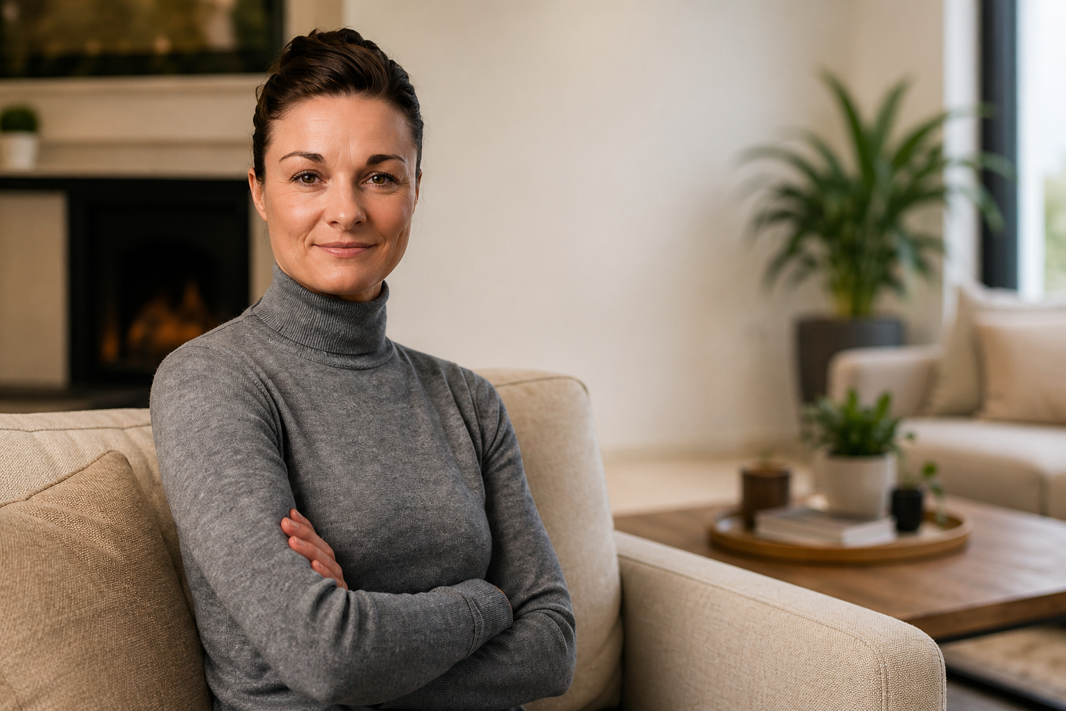 The image shows a friendly smiling woman in a modern and well-maintained living environment. She is sitting relaxed on a light-coloured sofa and looking directly at the camera. Her crossed arms convey self-confidence, competence, and trust. In the background, a fireplace, houseplants, and high-quality home accessories create a warm and inviting atmosphere. The shot symbolises the personal support and individual advice that play an important role in real estate decisions. Whether it's selling, renting, property valuation or management – a trusting collaboration and competent support are essential factors for successful real estate transactions. The homely environment also emphasises the emotional significance of real estate as a focal point of life and an investment. The motif is particularly suitable for contact pages, consulting services, customer service, owner support, real estate brokerage or company profiles. The imagery conveys professionalism, closeness and reliability, and supports WEKEYS' positioning as a personal contact for real estate in Central Germany.

SEO keywords: real estate consulting, personal real estate consulting, real estate agent, real estate expert, real estate services, real estate brokerage, owner consulting, real estate sales, real estate rentals, property management, property valuation, customer service real estate, real estate agent Thuringia, real estate agent Saxony, real estate agent Saxony-Anhalt, real estate expert Central Germany, real estate company, real estate services Germany, contact real estate agent, WEKEYS real estate. - ✅ WEKEYS IMMOBILIEN – Human. Dedicated. Successful.