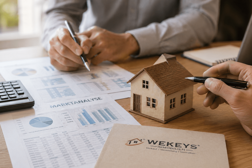 Guide to Understanding Property Valuation - ✅ WEKEYS PROPERTIES – Human. Committed. Successful. The image depicts a professional real estate valuation scenario. On a desk, there is a house model, market analysis documents with charts and key figures, and documents from WEKEYS Immobilien. Two people are analysing the data and discussing important factors for determining a property's value.
The illustration highlights the crucial importance of a well-founded property valuation before a sale. Factors such as location, plot size, living area, year of construction, features, modernisation status, and current market conditions are incorporated into the valuation. A realistic valuation forms the basis for successful marketing and helps to set a market-appropriate sale price.
A professional market analysis enables owners to better understand their property's position within the current market environment. This allows for the targeted development of sales strategies and the realistic assessment of price expectations. At the same time, a transparent valuation builds trust with potential buyers and supports a smooth sales process.
The image is ideally suited for content related to property valuation, appraisal, market analysis, real estate sales, sale price determination, property reports, sales advising, and owner information. It conveys expertise, transparency, and data-driven decision-making in the real estate sector. - ✅ WEKEYS IMMOBILIEN – Human. Committed. Successful.