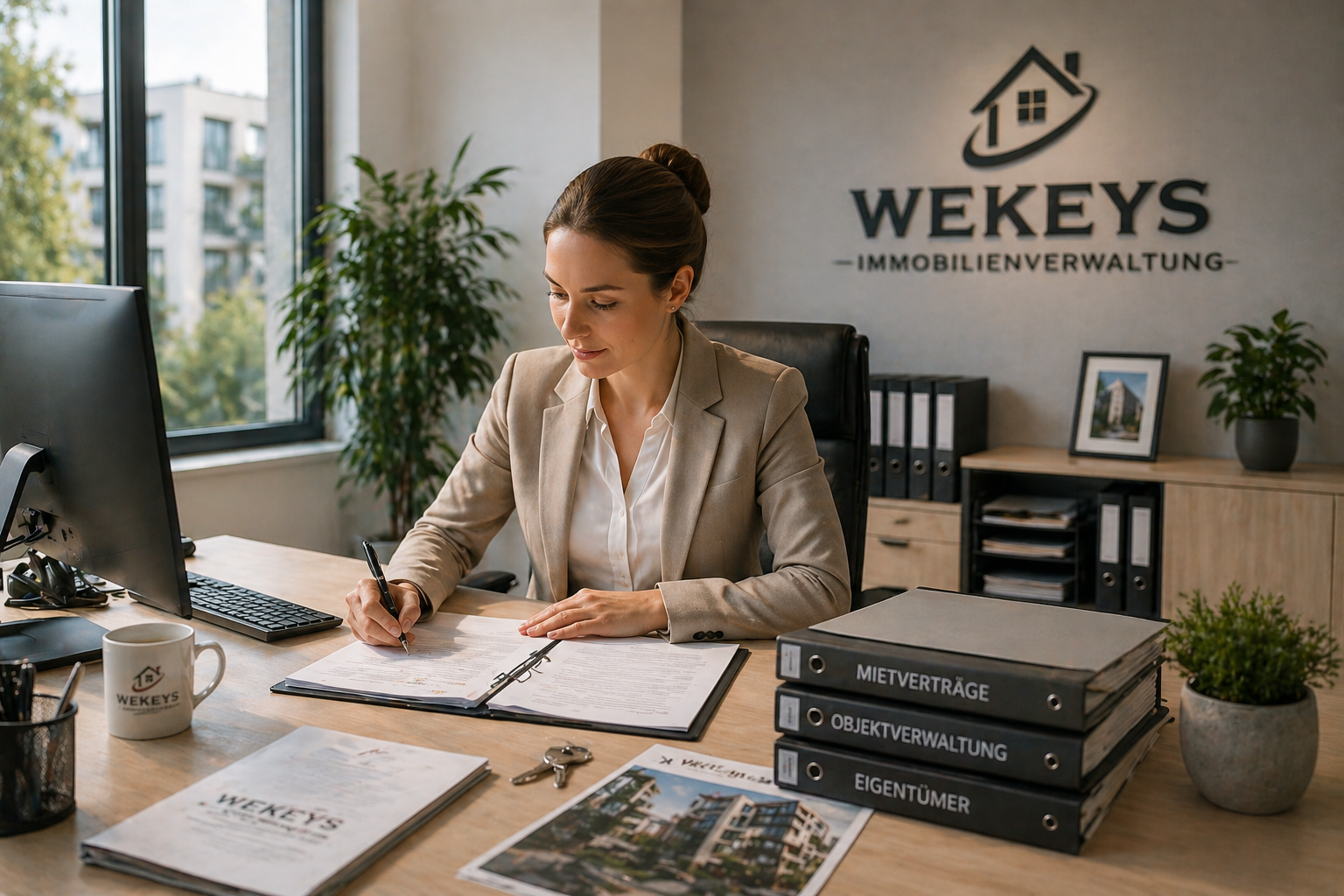 Verwaltung_01 - ✅ WEKEYS IMMOBILIEN – Menschlich. Engagiert. Erfolgreich. - ✅ WEKEYS IMMOBILIEN – Menschlich. Engagiert. Erfolgreich. Das Bild zeigt eine Mitarbeiterin der WEKEYS Immobilienverwaltung an ihrem Arbeitsplatz. Sie prüft und bearbeitet Verwaltungsunterlagen in einem modernen Büro. Auf dem Schreibtisch befinden sich Aktenordner mit den Beschriftungen „Mietverträge“, „Objektverwaltung“ und „Eigentümer“, die zentrale Aufgabenbereiche einer professionellen Immobilienverwaltung symbolisieren. Im Hintergrund ist das WEKEYS-Logo sichtbar und unterstreicht den professionellen Charakter der Dienstleistung.
Eine zuverlässige Immobilienverwaltung entlastet Eigentümer bei allen organisatorischen, kaufmännischen und administrativen Aufgaben rund um ihre Immobilie. Dazu gehören die Betreuung von Mietverhältnissen, die Kommunikation mit Mietern und Dienstleistern, die Überwachung von Zahlungseingängen, die Organisation von Instandhaltungsmaßnahmen sowie die Verwaltung wichtiger Vertrags- und Objektdokumente.
Besonders bei Mehrfamilienhäusern, Eigentumswohnungen oder Kapitalanlagen ist eine professionelle Verwaltung entscheidend für den langfristigen Werterhalt der Immobilie. Durch strukturierte Prozesse, transparente Kommunikation und eine rechtssichere Abwicklung werden Eigentümer entlastet und Risiken minimiert.
Eine moderne Immobilienverwaltung unterstützt zudem bei der Optimierung von Betriebskosten, der Koordination von Handwerksleistungen, der Vorbereitung von Eigentümerversammlungen sowie der laufenden Betreuung von Mietern. Ziel ist es, die Immobilie wirtschaftlich erfolgreich zu bewirtschaften und gleichzeitig eine hohe Zufriedenheit aller Beteiligten sicherzustellen.
Das Motiv eignet sich besonders für Inhalte rund um Immobilienverwaltung, Hausverwaltung, Mietverwaltung, Objektbetreuung, Eigentümer-Service, Vermieter-Service, WEG-Verwaltung, Immobilienmanagement und professionelle Verwaltungsdienstleistungen.
SEO-Schlagworte:
Immobilienverwaltung, Hausverwaltung, Mietverwaltung, Objektverwaltung, WEG-Verwaltung, Immobilienmanagement, Eigentümerbetreuung, Vermieter-Service, Mietverträge verwalten, Immobilienbetreuung, Hausverwalter, Verwaltungsservice Immobilie, Mehrfamilienhaus Verwaltung, Immobilienservice, Betriebskostenmanagement, Mieterbetreuung, Objektmanagement, professionelle Hausverwaltung, Immobilienverwaltung Deutschland, WEKEYS Immobilienverwaltung. - ✅ WEKEYS IMMOBILIEN – Menschlich. Engagiert. Erfolgreich.
