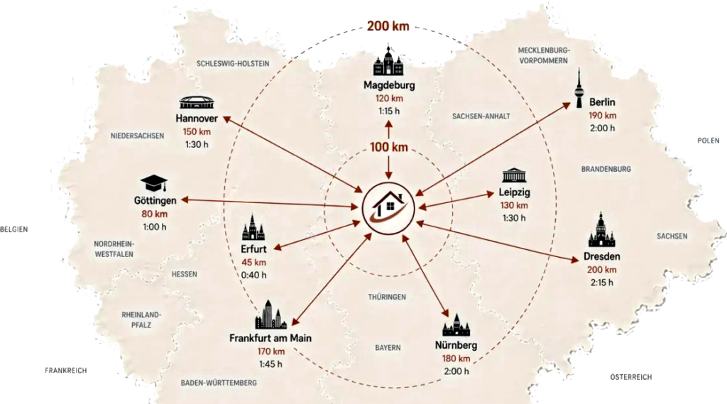 The graphic shows a map of Germany with WEKEYS’ central location in the heart of central Germany. Various major cities and conurbations are shown radiating out from this central point, including Erfurt, Leipzig, Dresden, Magdeburg, Berlin, Hanover, Göttingen, Frankfurt am Main and Nuremberg. Arrows illustrate the transport links, whilst distances and average journey times highlight the region’s excellent accessibility. Two marked radius zones of 100 and 200 kilometres illustrate the geographical scope of operations. The map shows that numerous economically strong cities, university towns and growth regions can be reached within a short travel time. As a result, owners, buyers, investors and landlords benefit from regionally networked property consultancy with comprehensive market knowledge.The central location enables efficient management of property projects in Thuringia, Saxony and Saxony-Anhalt, as well as in neighbouring regions. Face-to-face appointments, property valuations, viewings, lettings and sales processes can be arranged quickly and flexibly. For owners, this regional proximity offers the advantage of personalised support and a sound assessment of local market conditions. At the same time, prospective clients benefit from a broad network and a strong presence in key Central German property markets. The graphic is particularly suitable for content relating to regional property brokerage, location advantages, property markets in Central Germany, catchment areas, property consultancy and regional market knowledge.SEO keywords: Central German property, Thuringian property, Saxon property, Saxony-Anhalt property, Central German estate agents, regional property consultancy, property sales in Thuringia, property sales in Saxony, property valuation in Central Germany, location advantages for property, property market in Thuringia, property market in Saxony, property market in Saxony-Anhalt, estate agents in Erfurt, estate agents in Leipzig, estate agents in Dresden, estate agents in Magdeburg, regional property experts, property services in Germany, WEKEYS Immobilien. - ✅ WEKEYS IMMOBILIEN – People-focused. Committed. Successful.