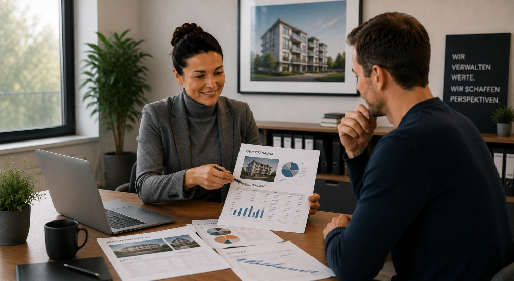 Analyse-1 - ✅ WEKEYS REAL ESTATE – Human. Committed. Successful. The image shows a property manager presenting analytics and performance data for a property. In a modern office, she explains various analyses, key figures, and charts to an owner concerning property development, cost structure, and management. The documents on the table illustrate a data-driven and professional approach to property management. The scene conveys transparency, expertise, and strategic planning for optimising property values. It represents the regular analysis of properties, sound decision-making, and sustainable management of residential and investment properties. - ✅ WEKEYS IMMOBILIEN – Human. Dedicated. Successful.