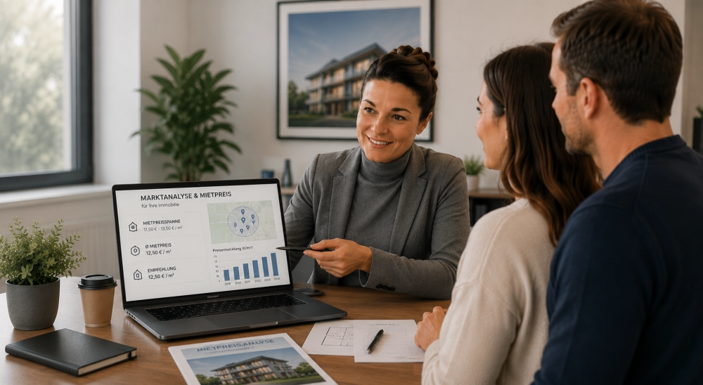L'immagine mostra un consulente immobiliare in un colloquio di consulenza con una coppia di proprietari. Sul portatile, lei presenta un'analisi di mercato con informazioni sulla fascia di prezzo degli affitti, l'andamento dei prezzi e la situazione del mercato regionale di una proprietà. Sulla base delle metriche presentate, spiega le basi per una determinazione del prezzo di affitto adeguata al mercato e una strategia di locazione di successo. L'atmosfera professionale della conversazione trasmette competenza professionale, trasparenza e consulenza individuale. La scena rappresenta decisioni basate sui dati, una determinazione realistica dei prezzi e il posizionamento ottimale degli immobili sul mercato. - ✅ WEKEYS IMMOBILIEN – Umano. Impegnato. Riuscito.