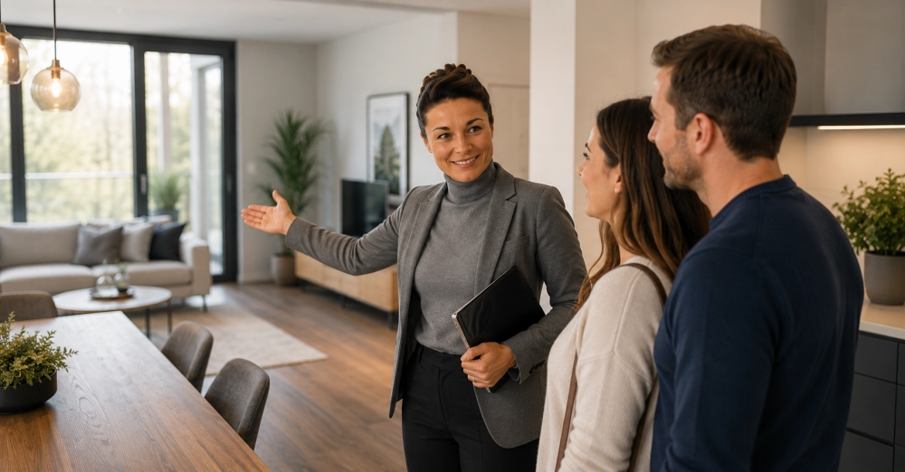 Besichtigung - ✅ WEKEYS IMMOBILIEN – Menschlich. Engagiert. Erfolgreich. Das Bild zeigt eine Immobilienmaklerin während einer Wohnungsbesichtigung mit einem interessierten Paar. In einem modernen und lichtdurchfluteten Wohnbereich erläutert sie die Vorzüge der Immobilie und führt die Interessenten durch die Räumlichkeiten. Die offene Gestaltung, die großen Fensterflächen und die hochwertige Ausstattung vermitteln einen einladenden Eindruck. Die freundliche Gesprächssituation steht für eine individuelle Beratung und eine professionelle Begleitung bei der Immobiliensuche. Die Szene symbolisiert Transparenz, Vertrauen und die Unterstützung bei der Entscheidung für das zukünftige Zuhause. - ✅ WEKEYS IMMOBILIEN – Menschlich. Engagiert. Erfolgreich.