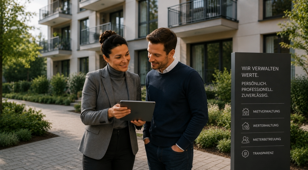 Care - ✅ WEKEYS REAL ESTATE – Humane. Dedicated. Successful. The image shows a property manager talking to a homeowner in front of a modern residential complex. Together, they are looking at information on a tablet and discussing relevant topics regarding the management of the property. In the background, the well-maintained residential complex underscores the focus on professional property management. An information board highlights key services such as rental management, value preservation, tenant care, and transparency. The scene conveys competence, customer proximity, and a trusting collaboration between property management and owners. It represents sustainable property care with the aim of securing long-term value and streamlining processes. - ✅ WEKEYS IMMOBILIEN – Human. Dedicated. Successful.