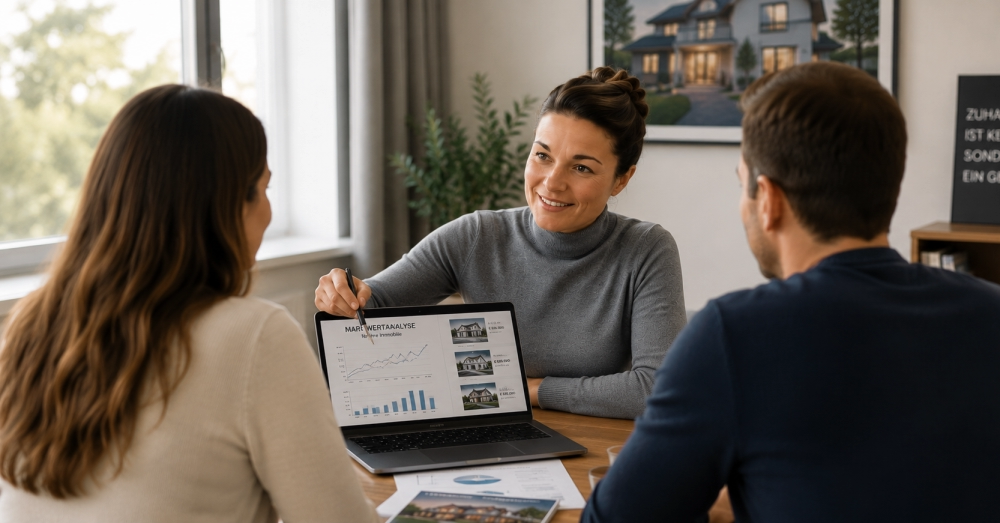 The image shows a real estate agent in conversation with an owner couple. On the laptop, she presents a market value analysis with charts, price trends, and comparable properties. Using the data displayed, she explains the current market situation and the realistic value of a property. The personal consultation conveys transparency, expertise, and trust. The scene represents a well-founded property valuation, serving as the basis for successful sales, rental, or investment decisions. It highlights the importance of a professional market analysis to determine the optimal price for a property. - ✅ WEKEYS IMMOBILIEN – Human. Committed. Successful.