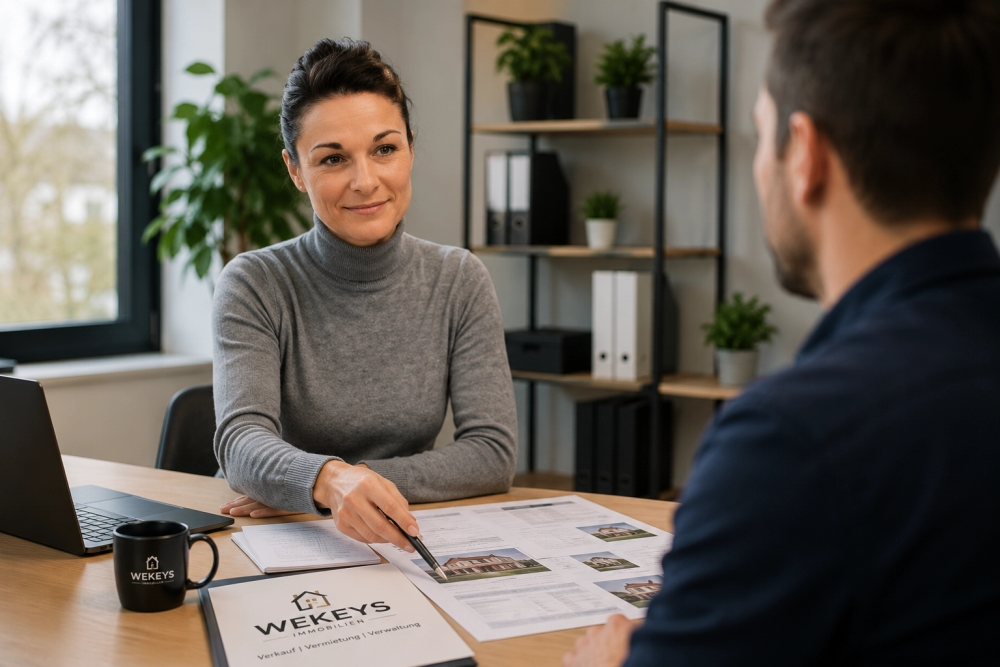 L'immagine mostra una consulente immobiliare in un colloquio personale con un cliente. A un moderno tavolo da riunioni, spiega diverse offerte immobiliari utilizzando brochure e materiale informativo. La situazione di conversazione aperta e professionale trasmette competenza, fiducia e un'assistenza personalizzata. La scena rappresenta una solida conoscenza del mercato, una lunga esperienza e una consulenza personale per decisioni di acquisto, vendita, affitto o investimento. Sottolinea l'importanza di un partner immobiliare esperto per una gestione di successo e sicura delle transazioni immobiliari. - ✅ WEKEYS IMMOBILIEN – Umano. Impegnato. Di successo.
