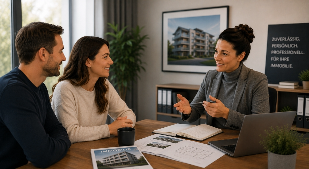 Erstgespräch - ✅ WEKEYS IMMOBILIEN – Menschlich. Engagiert. Erfolgreich. Das Bild zeigt eine Immobilienberaterin im Gespräch mit einem Eigentümerpaar. In einer freundlichen und professionellen Atmosphäre werden erste Informationen, Wünsche und Anforderungen rund um die Immobilie besprochen. Auf dem Tisch liegen Unterlagen, Objektinformationen und Grundrisse, die als Grundlage für die weitere Zusammenarbeit dienen. Die offene Kommunikation und der persönliche Austausch vermitteln Vertrauen, Kompetenz und Kundennähe. Die Szene steht für eine individuelle Beratung, die Analyse der Ausgangssituation sowie die Entwicklung maßgeschneiderter Lösungen für die Verwaltung und Betreuung von Immobilien. - ✅ WEKEYS IMMOBILIEN – Menschlich. Engagiert. Erfolgreich.