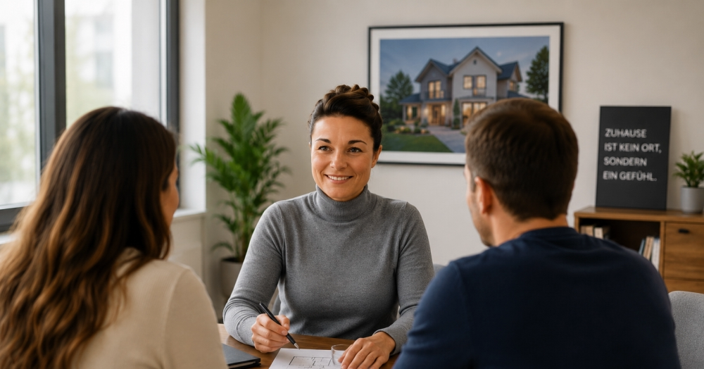 The image shows a real estate consultant in conversation with a couple during an initial consultation. In a friendly and open atmosphere, the participants discuss their wishes, goals, and requirements concerning their property. The consultant listens attentively and takes notes to better understand the clients' individual situations. The modern office furnishings and the pleasant conversation convey trust, competence, and personal support. The scene represents the beginning of a successful collaboration and the development of tailor-made solutions for sales, rentals, or property management. - ✅ WEKEYS IMMOBILIEN – Human. Committed. Successful.