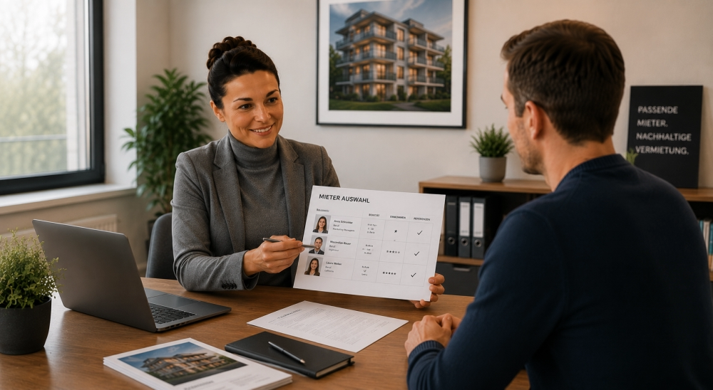 L'immagine mostra una consulente immobiliare durante un colloquio di consulenza con un proprietario. Presenta una panoramica strutturata di potenziali inquilini e spiega i risultati del processo di selezione. Sul tavolo sono presenti altri documenti e informazioni sull'immobile. La situazione di colloquio professionale illustra l'attenta valutazione dei candidati in base a criteri pertinenti, al fine di trovare un inquilino adatto e affidabile. La scena rappresenta una strategia di locazione sostenibile, la minimizzazione dei rischi e il supporto ai proprietari nella scelta di inquilini adatti per il loro immobile. - ✅ WEKEYS IMMOBILIEN – Umano. Impegnato. Di successo.