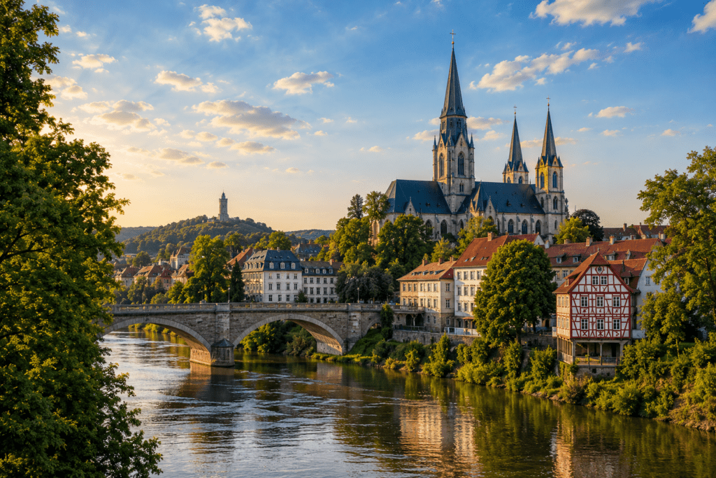 Das Bild zeigt eine eindrucksvolle Stadtlandschaft in Mittelthüringen zur goldenen Stunde. Im Vordergrund fließt ein ruhiger Fluss, der von einer historischen Steinbrücke überspannt wird. Entlang des Ufers prägen liebevoll erhaltene Gebäude und Fachwerkarchitektur das Stadtbild. Besonders hervor sticht die imposante Kirche mit ihren hohen Türmen, die das Panorama dominiert. Auf einem bewaldeten Hügel in der Ferne erhebt sich die Wartburg als eines der bekanntesten Kulturdenkmäler Deutschlands. Die Kombination aus historischer Architektur, natürlicher Umgebung und warmem Abendlicht vermittelt die kulturelle Vielfalt, die hohe Lebensqualität und die besondere Attraktivität Mittelthüringens als Wohn-, Wirtschafts- und Tourismusregion. - ✅ WEKEYS IMMOBILIEN – Menschlich. Engagiert. Erfolgreich.