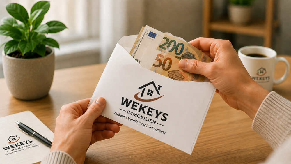 The image shows an opened envelope with Euro banknotes being held by a person's hands. The envelope bears the logo of a real estate company and symbolises the payment of a commission or a financial bonus. In the background, a desk, notes, and a coffee cup are visible, conveying a professional business environment. The scene represents successful real estate transactions, referral programmes, commission payments, and the appreciation of successful collaboration. It conveys the themes of financial recognition, transparency, and attractive earning potential in the real estate sector. - ✅ WEKEYS IMMOBILIEN – Human. Dedicated. Successful.