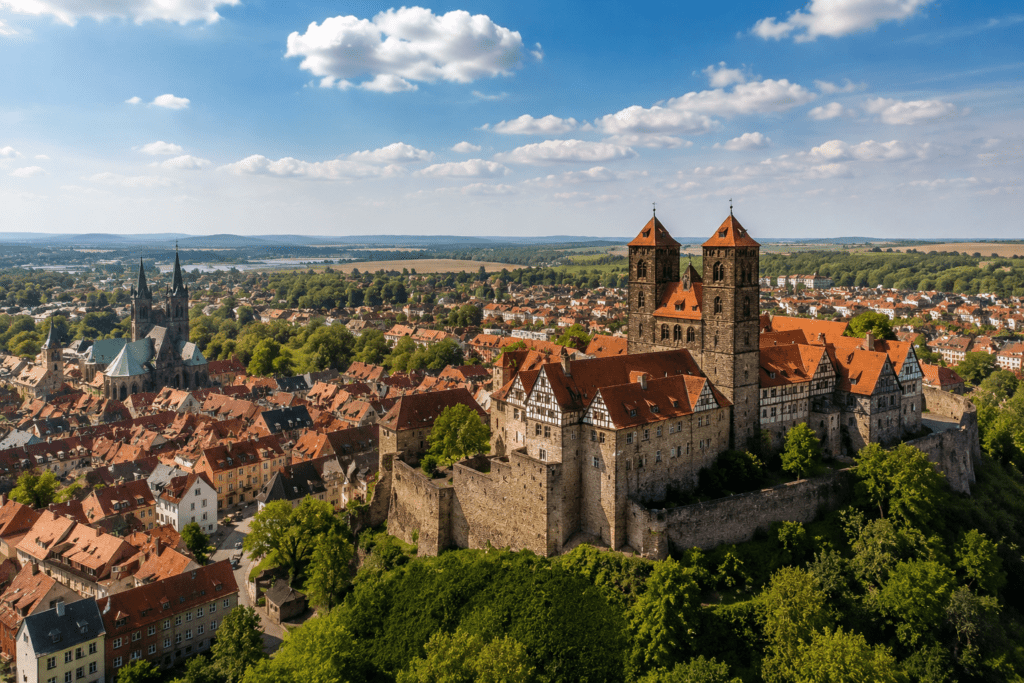 Die Aufnahme zeigt eine beeindruckende historische Stadt in Sachsen-Anhalt mit einer mächtigen Burganlage, die auf einer Anhöhe über der Altstadt thront. Die markanten Türme und massiven Mauern der Burg prägen das Stadtbild und zeugen von der langen Geschichte der Region. Im Umfeld erstrecken sich dicht bebaute Altstadtbereiche mit roten Ziegeldächern, Fachwerkhäusern und historischen Kirchen. Die grüne Umgebung sowie die weite Sicht auf die umliegende Landschaft verleihen der Szene eine besondere Atmosphäre. Das Bild steht exemplarisch für die kulturelle Vielfalt, die historischen Sehenswürdigkeiten und die hohe Lebensqualität Sachsen-Anhalts. Die Region verbindet jahrhundertealte Geschichte mit attraktiven Wohnlagen, touristischer Bedeutung und einer engen Verbindung von Natur, Kultur und regionaler Entwicklung. - ✅ WEKEYS IMMOBILIEN – Menschlich. Engagiert. Erfolgreich.
