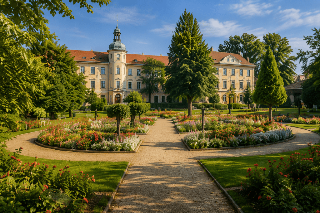 Das Bild zeigt die eindrucksvolle Parkanlage des Residenzschlosses Sondershausen, einer der bedeutendsten Sehenswürdigkeiten Nordthüringens. Im Vordergrund erstrecken sich kunstvoll angelegte Blumenbeete mit farbenfroher Bepflanzung, die von gepflegten Wegen und alten Baumreihen eingerahmt werden. Dahinter erhebt sich das historische Schloss mit seinem markanten Turm und der hellen Fassade, eingebettet in eine weitläufige Gartenlandschaft. Die harmonische Verbindung aus Natur, Kultur und Geschichte verleiht dem Ensemble einen besonderen Charme und macht es zu einem beliebten Ziel für Besucher und Bewohner gleichermaßen. Sondershausen überzeugt durch seine hohe Lebensqualität, ein vielfältiges kulturelles Angebot sowie eine attraktive Wohnlage im Herzen Thüringens. Die Aufnahme vermittelt Ruhe, Eleganz und den repräsentativen Charakter der ehemaligen Residenzstadt und unterstreicht ihre Bedeutung als kulturelles Zentrum der Region. - ✅ WEKEYS IMMOBILIEN – Menschlich. Engagiert. Erfolgreich.
