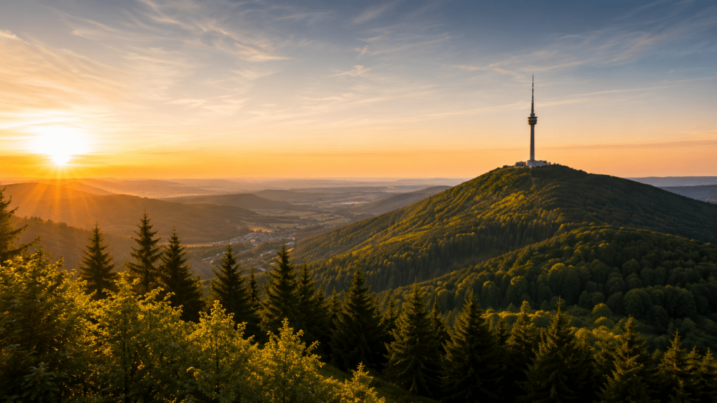 Das Bild zeigt eine eindrucksvolle Panoramaaufnahme der Thüringer Mittelgebirgslandschaft während der Abendstunden. Die tief stehende Sonne taucht die bewaldeten Höhenzüge in warmes, goldenes Licht und schafft eine besondere Atmosphäre. Im Mittelpunkt erhebt sich ein markanter Berg mit einem weithin sichtbaren Fernmeldeturm, der als Orientierungspunkt über die sanft geschwungene Landschaft ragt. Dichte Misch- und Nadelwälder prägen das Landschaftsbild und unterstreichen den hohen Naturwert der Region. In den Tälern und entlang der Berghänge sind kleinere Ortschaften und Verkehrswege erkennbar, die sich harmonisch in die Umgebung einfügen. Thüringen zählt zu den waldreichsten Bundesländern Deutschlands und bietet hervorragende Voraussetzungen für Erholung, Outdoor-Aktivitäten und naturnahes Wohnen. Die Aufnahme vermittelt eindrucksvoll die landschaftliche Vielfalt, die Ruhe und die hohe Lebensqualität, die den Freistaat Thüringen als Wohn-, Wirtschafts- und Tourismusstandort auszeichnen. - ✅ WEKEYS IMMOBILIEN – Menschlich. Engagiert. Erfolgreich.