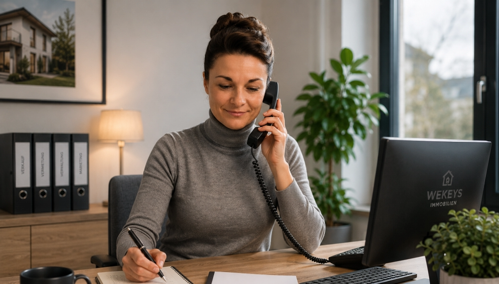 The image shows a real estate agent in her office during a phone conversation. While speaking with a client, she is jotting down important information on a notepad. On the desk are a computer, documents, and work materials, indicative of her daily activities in the real estate sector. The friendly and focused working atmosphere conveys professionalism, approachability, and customer orientation. The scene represents personal consultation, reliable service, and competent support for matters concerning the purchase, sale, rental, and management of properties. - ✅ WEKEYS IMMOBILIEN – Human. Committed. Successful.
