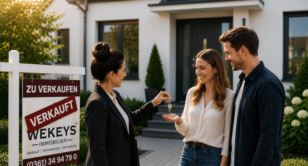 The image depicts the successful completion of a property sale. In front of a modern detached house, a real estate agent hands over the house keys to a happy couple. In the background, a „For Sale“ sign with the indication „Sold“ can be seen, symbolising the successful sale of the property. The friendly atmosphere and the smiling faces of those involved convey joy, trust, and customer satisfaction. The scene represents professional real estate brokerage, a smooth handling of the sales process, and the beginning of a new chapter for the new owners. - ✅ WEKEYS IMMOBILIEN – Human. Committed. Successful.