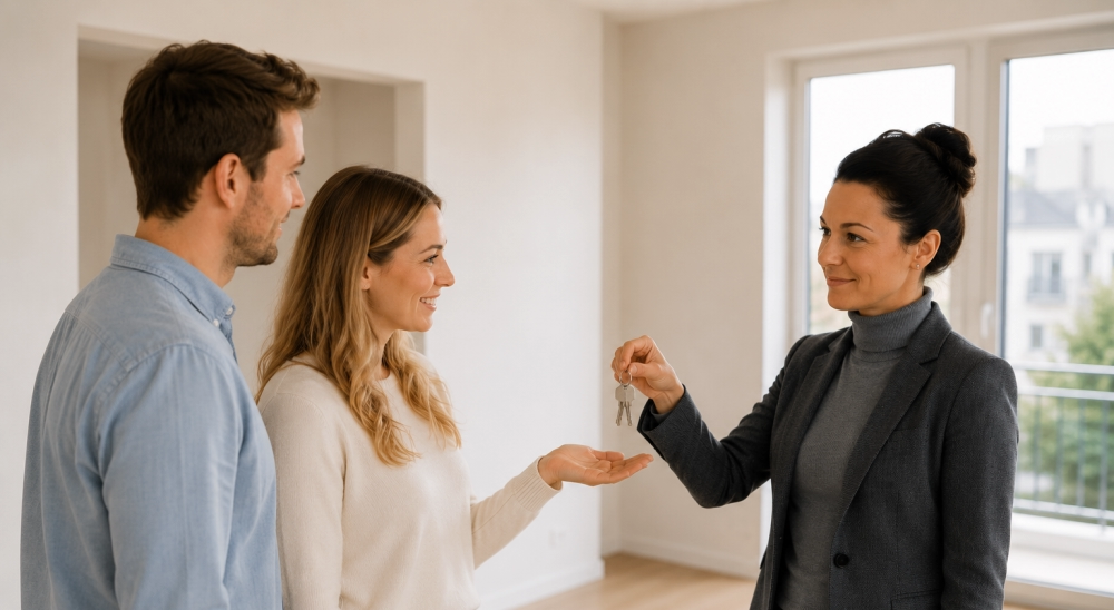 L'immagine mostra il momento solenne di una consegna di chiavi in un appartamento luminoso e moderno. Un consulente immobiliare consegna le chiavi dell'appartamento a una coppia, mentre i nuovi residenti ricevono la consegna con gioia. L'atmosfera amichevole e gli spazi vuoti simboleggiano l'inizio di un nuovo capitolo della loro vita. La scena rappresenta un'intermediazione immobiliare di successo, la fiducia, la soddisfazione del cliente e il completamento riuscito di un processo di acquisto o di locazione. Comunica il significato emotivo del trasferimento nella nuova casa e l'accompagnamento professionale da parte di un partner immobiliare esperto. - ✅ WEKEYS IMMOBILIEN – Umano. Impegnato. Di successo.