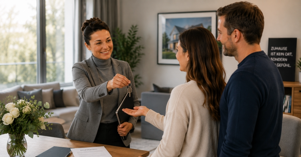 Übergabe - ✅ WEKEYS IMMOBILIEN – Menschlich. Engagiert. Erfolgreich. Das Bild zeigt den emotionalen Moment einer Schlüsselübergabe zwischen einer Immobilienberaterin und einem Paar. Mit einem Lächeln überreicht die Beraterin die Schlüssel an die neuen Bewohner, die diese freudig entgegennehmen. Die moderne und wohnliche Umgebung vermittelt ein Gefühl von Vertrauen, Sicherheit und Vorfreude auf den bevorstehenden Einzug. Die Szene steht für den erfolgreichen Abschluss eines Kauf- oder Vermietungsprozesses sowie für die persönliche Begleitung und professionelle Unterstützung auf dem Weg in das neue Zuhause. Sie symbolisiert den Beginn eines neuen Lebensabschnitts und die Verwirklichung eines wichtigen Wohntraums. - ✅ WEKEYS IMMOBILIEN – Menschlich. Engagiert. Erfolgreich.