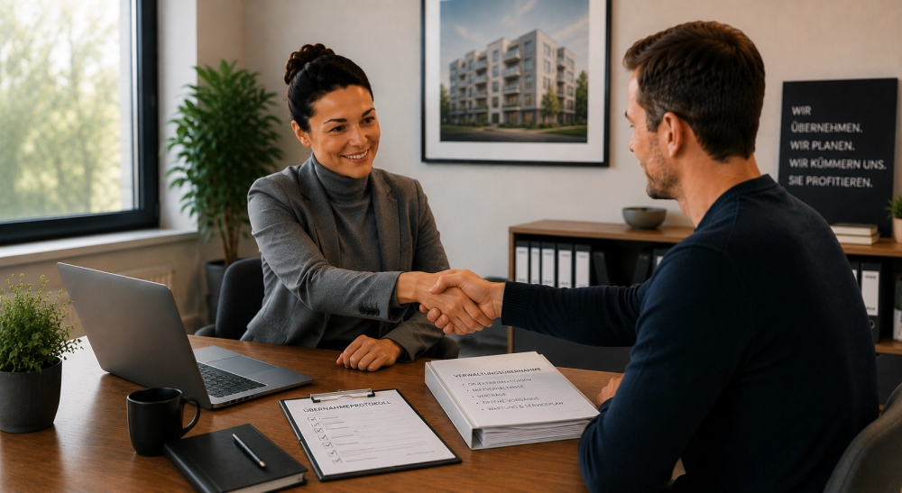 Übernahme - ✅ WEKEYS IMMOBILIEN – Menschlich. Engagiert. Erfolgreich. Das Bild zeigt eine Immobilienverwalterin und einen Eigentümer bei einem persönlichen Gespräch in einem modernen Büro. Mit einem Handschlag bestätigen beide die erfolgreiche Vereinbarung zur Übernahme der Immobilienverwaltung. Auf dem Tisch liegen Verwaltungsunterlagen, Formulare und Vertragsdokumente, die den professionellen Charakter des Termins unterstreichen. Die freundliche Atmosphäre vermittelt Vertrauen, Kompetenz und eine partnerschaftliche Zusammenarbeit. Die Szene steht für die strukturierte Übernahme von Verwaltungsaufgaben, die Entlastung von Eigentümern sowie die professionelle Betreuung und langfristige Werterhaltung von Immobilien. - ✅ WEKEYS IMMOBILIEN – Menschlich. Engagiert. Erfolgreich.