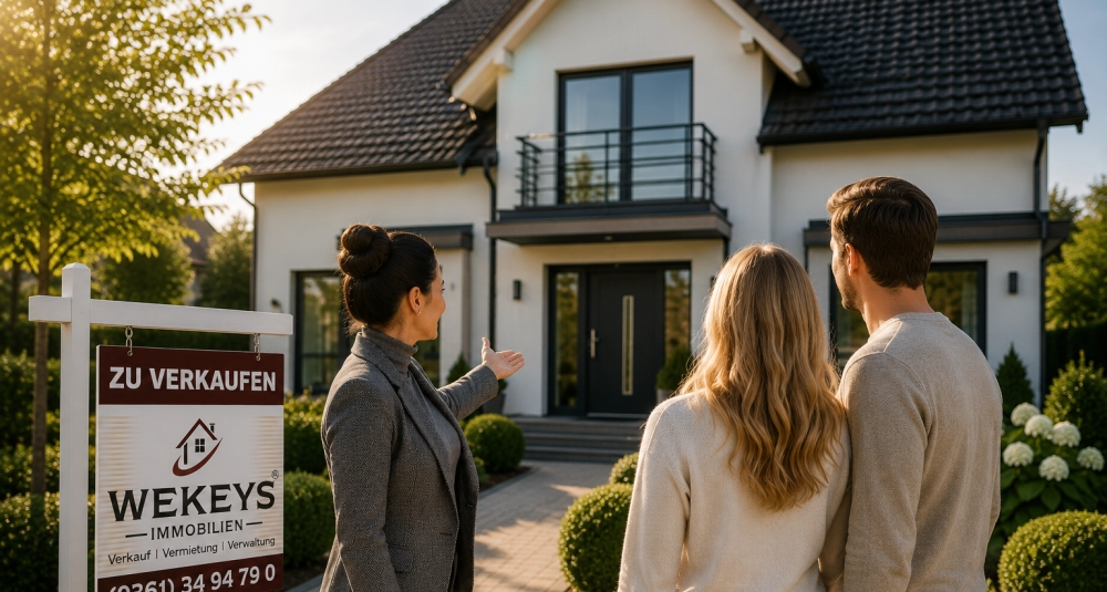 The image shows a real estate agent during a house viewing with an interested couple. Together, they are looking at a modern detached house with a well-maintained front garden and contemporary architecture. The agent is pointing out the property's advantages, while the prospective buyers are inspecting the premises. In the foreground, there is a real estate sign with the inscription „For Sale,“ underscoring the marketing process. The scene conveys competence, trust, and personal guidance in the property search. It represents professional real estate brokerage and the successful connection of sellers and potential buyers. - ✅ WEKEYS IMMOBILIEN – Human. Dedicated. Successful.