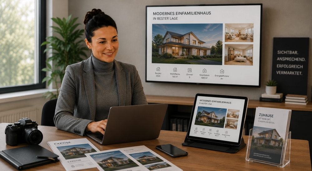 L'immagine mostra una consulente immobiliare mentre prepara e gestisce una commercializzazione immobiliare professionale. Nel suo posto di lavoro, utilizza presentazioni digitali, esposé e materiale di marketing per presentare al meglio un immobile residenziale sul mercato. Sugli schermi e sui materiali informativi vengono visualizzate foto dell'immobile, caratteristiche dell'arredamento e dati chiave importanti. L'ambiente di lavoro moderno evidenzia l'uso di strategie di marketing digitali, esposé di alta qualità e presentazioni mirate. La scena rappresenta una commercializzazione immobiliare professionale volta a raggiungere un vasto pubblico, attrarre acquirenti qualificati e ottenere il miglior risultato di vendita possibile. - ✅ WEKEYS IMMOBILIEN – Umano. Impegnato. Efficace.