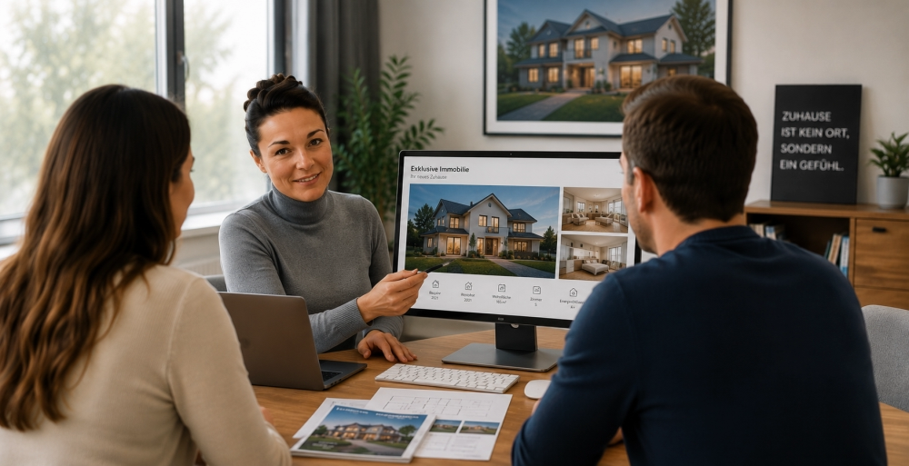 The image shows a real estate agent during a consultation with a couple who own a property. On a screen, she is presenting a digital exposé with professional property photos, features, and key details of a property. Additional marketing materials are also laid out on the table. The modern presentation highlights the use of high-quality marketing measures for optimal positioning of a property on the market. The scene represents professional real estate marketing, maximum visibility, targeted buyer approach, and the successful brokering of residential properties. It conveys competence, transparency, and individual support throughout the entire marketing process. - ✅ WEKEYS IMMOBILIEN – Human. Committed. Successful.