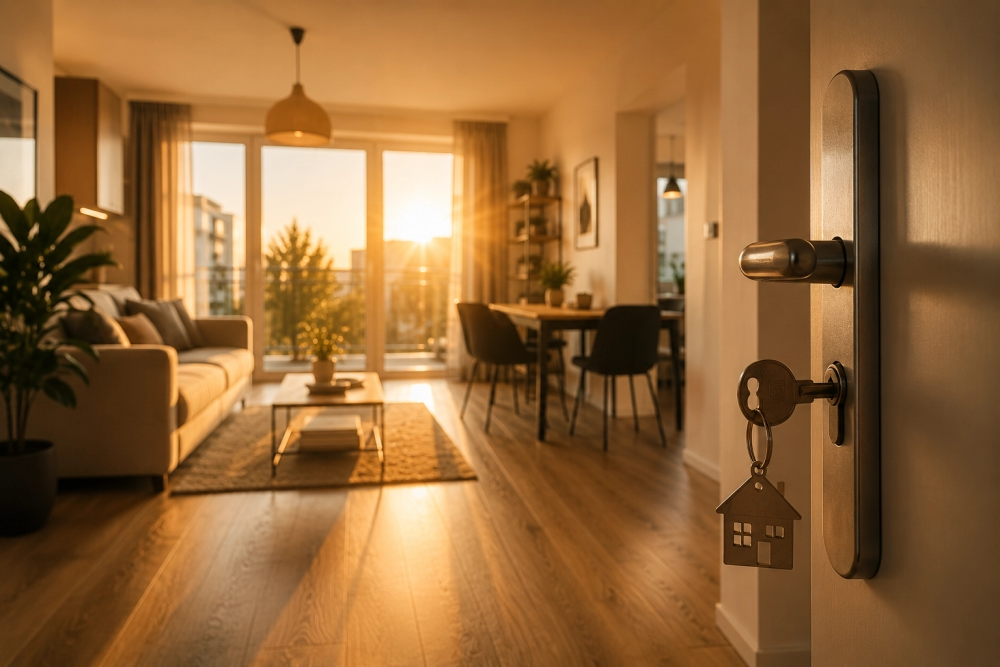Das Bild zeigt den Eingangsbereich einer modernen Wohnung. Im Vordergrund ist eine Tür mit eingestecktem Schlüssel zu sehen, an dem ein Haus-förmiger Schlüsselanhänger befestigt ist. Im Hintergrund erstreckt sich ein stilvoll eingerichteter Wohn- und Essbereich mit Sofa, Esstisch und großen Fenstern. Das warme Sonnenlicht fällt durch die Fenster und schafft eine einladende Atmosphäre. Die Szene vermittelt die Themen Wohnen, Vermietung, Immobilien und erfolgreicher Einzug in ein neues Zuhause. - ✅ WEKEYS IMMOBILIEN – Menschlich. Engagiert. Erfolgreich.