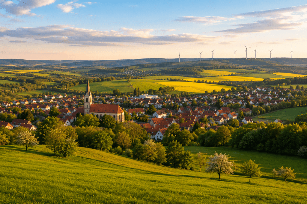 Das Bild zeigt eine malerische Landschaft im Weimarer Land mit Blick auf eine Ortschaft, die von grünen Wiesen, Feldern und sanften Hügeln umgeben ist. Im Zentrum erhebt sich die Kirche des Ortes über die roten Dächer der Wohnhäuser und prägt das Ortsbild. Die abwechslungsreiche Kulturlandschaft mit Wäldern, landwirtschaftlichen Flächen und Windkraftanlagen am Horizont steht für die Verbindung von Tradition, Natur und moderner Entwicklung. Das warme Licht der tief stehenden Sonne verleiht der Szene eine ruhige und einladende Atmosphäre. Die Aufnahme vermittelt die hohe Lebensqualität, die naturnahe Umgebung und den besonderen Charme des Weimarer Landes als attraktiven Wohn- und Lebensraum in Thüringen. - ✅ WEKEYS IMMOBILIEN – Menschlich. Engagiert. Erfolgreich.