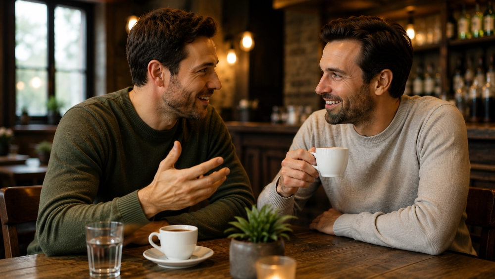 The image shows two people in a relaxed atmosphere having a conversation in a café. As they chat over a cup of coffee, the scene conveys trust, personal connections, and the value of referrals. In the context of real estate, the image represents the sharing of information about potential properties for sale or rent, as well as personal recommendations among friends, family, or acquaintances. The shot symbolises that valuable real estate tips often arise from everyday interactions and can lead to successful transactions. It stands for networking, trust, and the opportunity to benefit from a finder's fee or a successful referral. - ✅ WEKEYS IMMOBILIEN – Human. Committed. Successful.